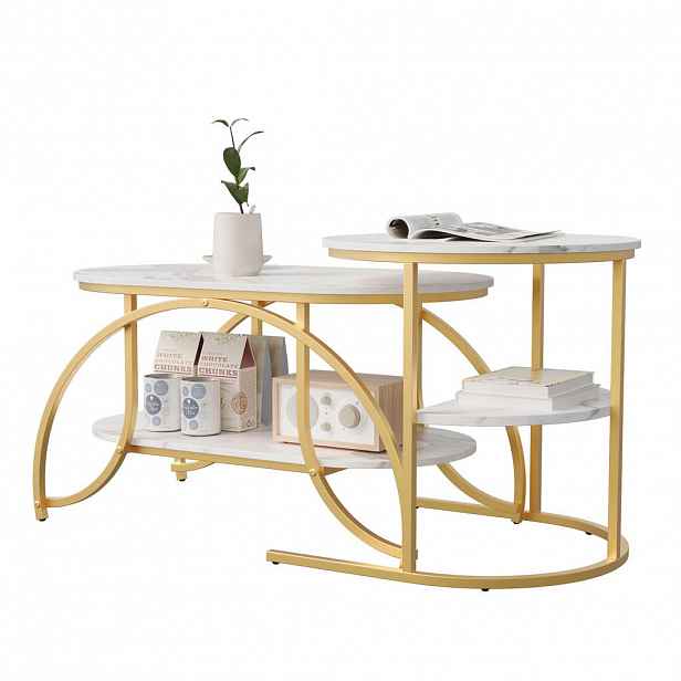 EuroLiving KONFERENČNÍ stolek 80x46 cm s mramorovým vzhledem a kovovým rámem, zlatá barva