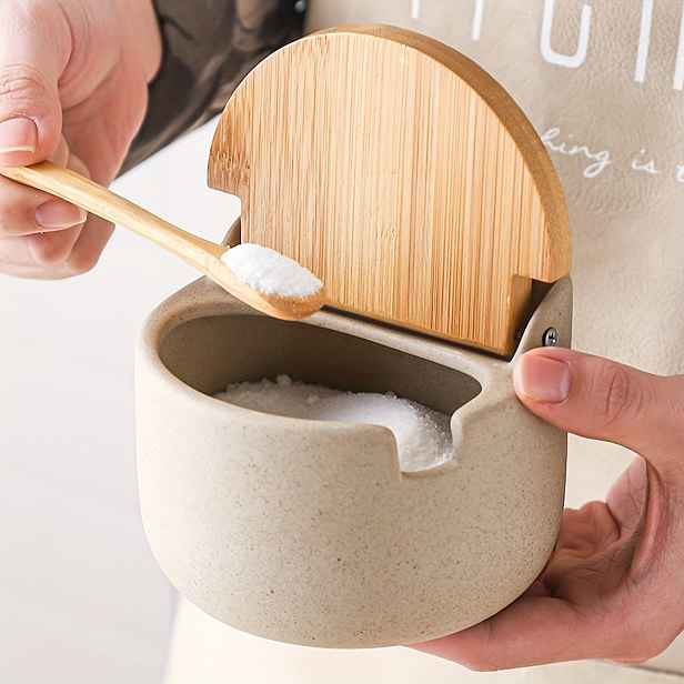 TEMU Rustikální keramické dózy na koření s výklopným víkem v japonském stylu, vhodné pro skladování cukru, soli a koření, ideální do kuchyní,