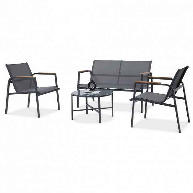 Beautysofa ZAHRADNÍ SADA Thaiti, 2místná pohovka + 2 křesla + konferenční stolek, područky z Polywoodu, tmavě šedá