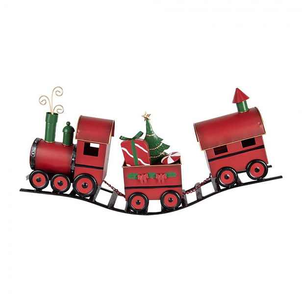 Červená kovová dekorace vláček na kolejích Christmas Train - 63*13*31 cm Clayre & Eef