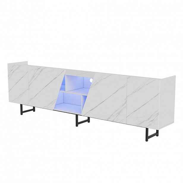 EuroLiving TV stolek 220 cm, mramorový vzhled, minimalistický, modulární úložný prostor, LED, bílý