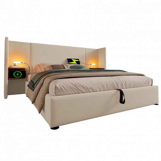 Modfu ČALOUNĚNÁ postel z lněné tkaniny 180x200 cm béžová s USB, USB-C, lampičkou a hydraulickým úložným prostorem