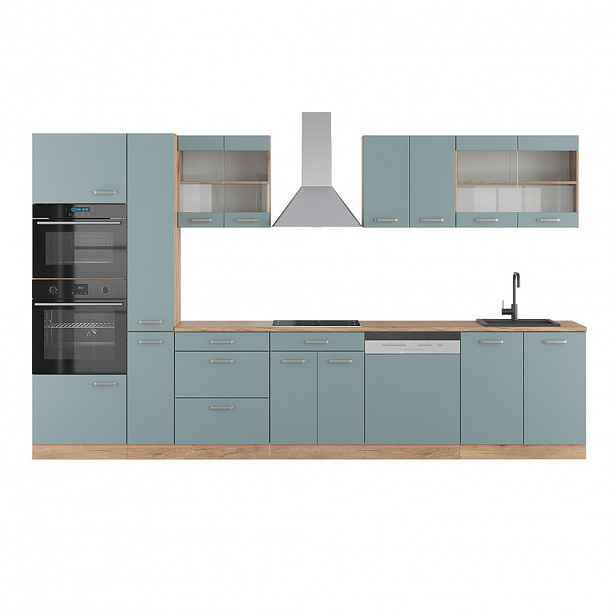 Vicco KUCHYNĚ R-Line Modrošedý/zlatý dub 350 cm s vysokou skříní, PD Dub