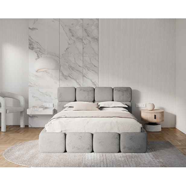 FDM Dvoulůžková čalouněná postel Delicato se zvedacím roštem bouclé Cleo šedá, velikost 140x200