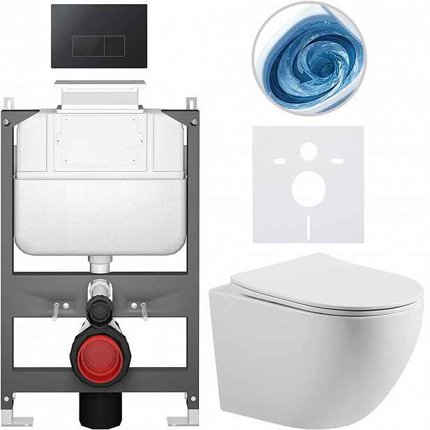 Kompletní WC set Basic/Cesso - bílá lesklá - WC tlačítko Modulo/Černá - ovládání shora - předstěnová instalace - 49x36 cm - 8050BD86005