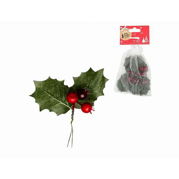 Vánoční dekorace na drátku HOLLY LEAVES 13 cm 6 ks