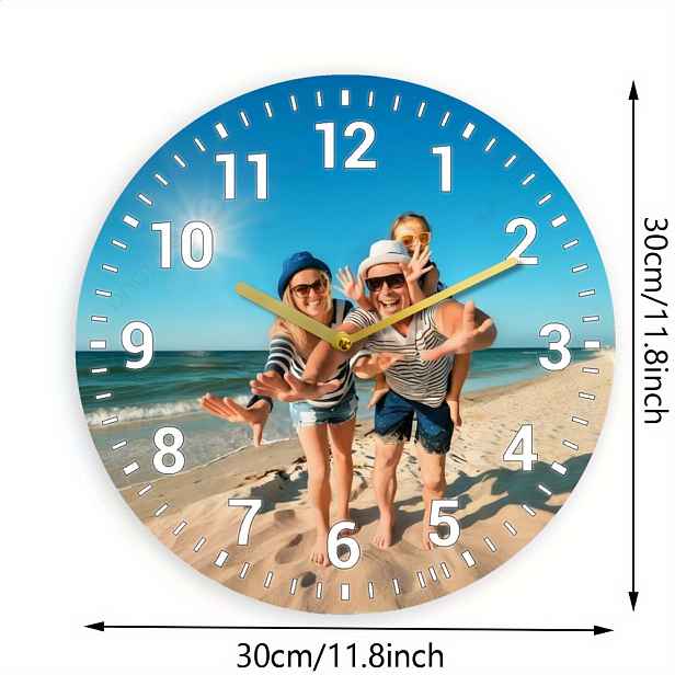 TEMU Vlastní 1ks 2D tisk Přímořské moderní modrobílé nástěnné hodiny s vlastním fotodesignem, tiché bez tikání, kulatý dřevěný rám, na baterie -