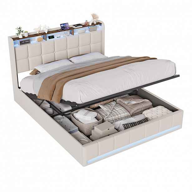 EuroLiving ČALOUNĚNÁ postel 160x200 cm béžová s LED osvětlením, čelem s úložným prostorem a USB/Type-C, hydraulické úložné lůžko