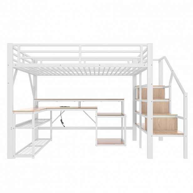 FLIEKS VYVÝŠENÁ POSTEL 140x200cm Kov LED Stůl USB Bílá