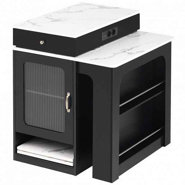 Redom KUCHYŇSKÝ ostrůvek 80/71-111-151/92 cm s výsuvnou jídelní deskou, integrovanými zásuvkami a úložným prostorem, Bílá/Černá