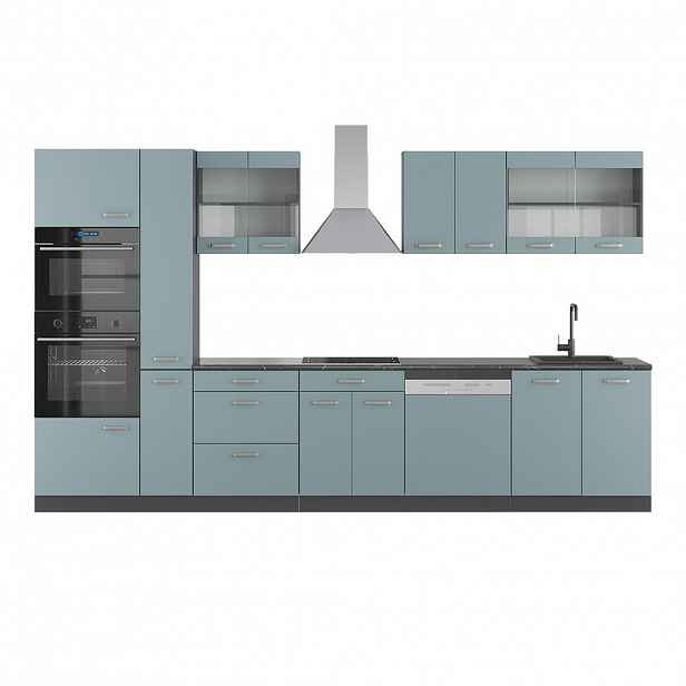Vicco KUCHYŇSKÝ KOUT R-Line Modrošedá/antracitová 350 cm s vysokou skříní, PD Antracit