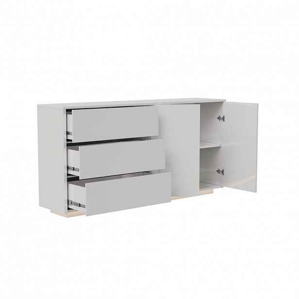PŘÍBORNÍK Bílá lesklá komoda 160 cm s LED osvětlením, 2 dveře, 3 zásuvky, moderní