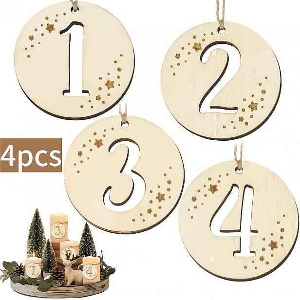 TEMU 4 adventní čísla 1, 2, 3, 4 přívěsky na svíčky adventního věnce, dřevěné číselné přívěsky, dokonale sladěné adventní svíčky a svícny, dřevěná