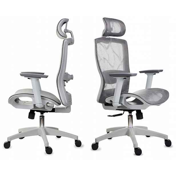 Ergonomická šedá kancelářská židle FXC011 s nastavitelnými područkami a opěrkou hlavy