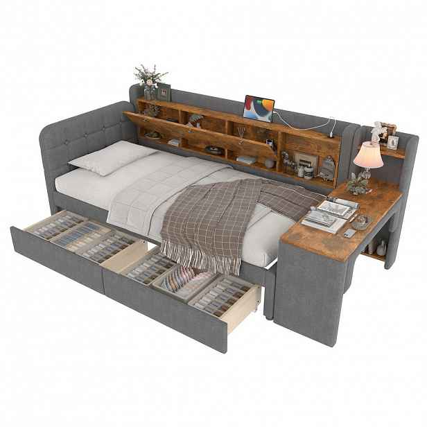 Modfu DENNÍ postel z lněné tkaniny 90x200 cm šedá s psacím stolem, 2 zásuvkami, USB, USB-C a úložným prostorem