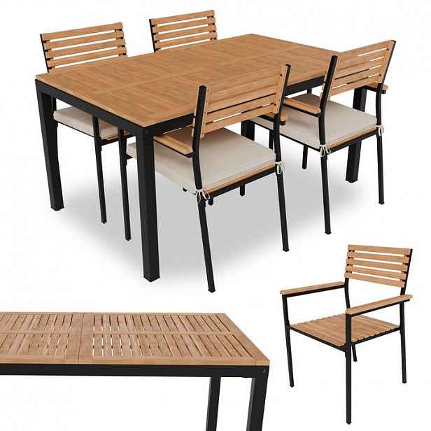 Zahradní set z akácie pro 4 osoby, černý kov, polstrování