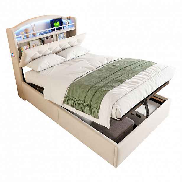 Modfu DĚTSKÁ čalouněná postel z flanelu 90x200 cm béžová s LED osvětlením, USB a úložným prostorem