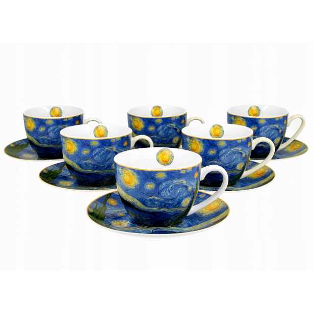 Šálky s podšálky 280 ml komplet 6 Van Gogh Hvězdná noc