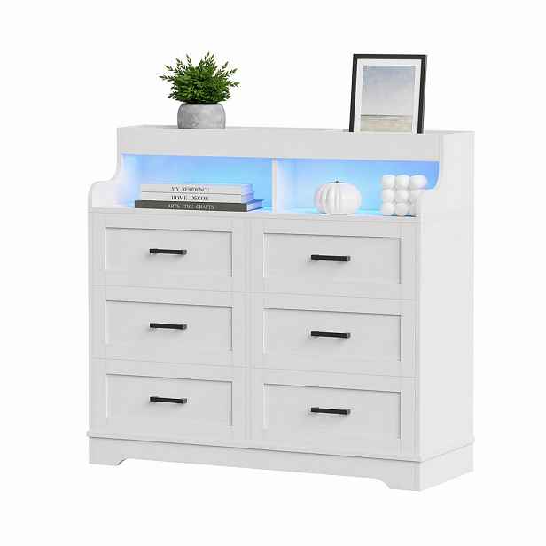 KOMODA 110 cm bílá se 6 zásuvkami, RGB LED, zásuvkami a USB