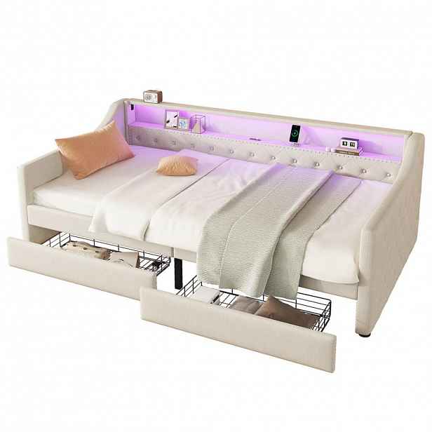 Modfu DENNÍ postel z lnu a MDF 90x200 cm béžová s LED osvětlením, USB portem a 2 zásuvkami