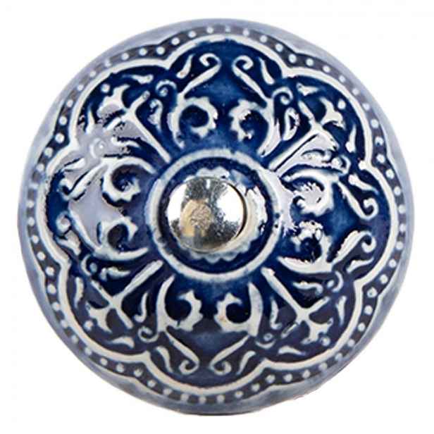 Modrá keramická knopka s ornamenty - Ø 4*3 cm / S3 cm Clayre & Eef