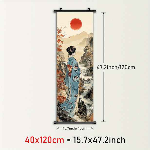 TEMU 2D plochý obraz, 2D plochý obraz, 1 ks zarámovaný nástěnný obraz v japonském stylu s podzimními rolemi, plakát na plátně s červeným sluncem a