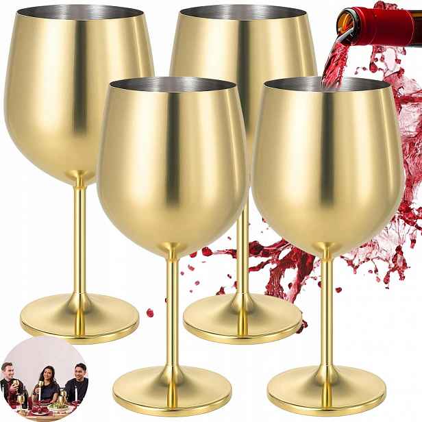 4 Ks 500 ML Skleničky Na Víno Zlaté Ocelové Kovové Nerozbitné Komplet
