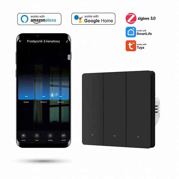 Nástěnný spínač Zigbee Tuya 3-kanálový Černý