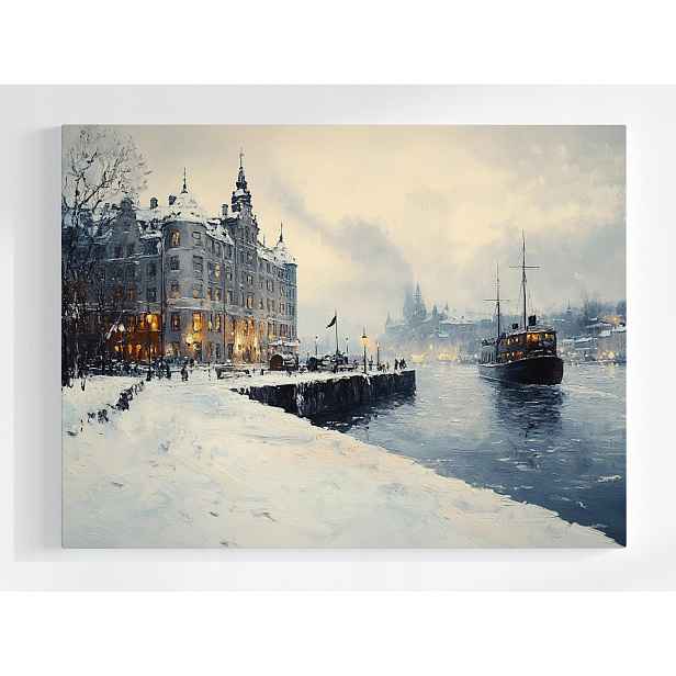 Plakát Město Přístav Nábřeží Loď Zima Sníh Mráz 100x75