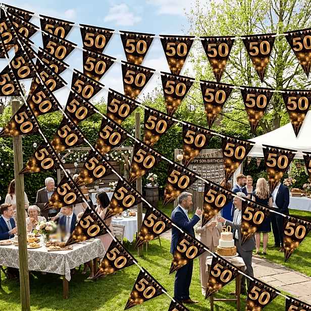 TEMU 12 ks/24 ks/48 ks banner k 50. narozeninám, černo-zlaté trojúhelníkové vlaječky pro oslavu 50. výročí, dekorace