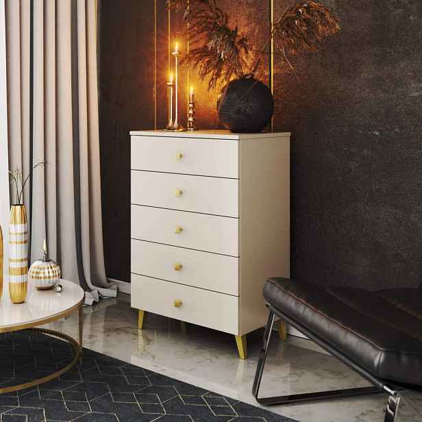 Designová komoda MAVRIEL se šuplíky - kašmírová / zlatá