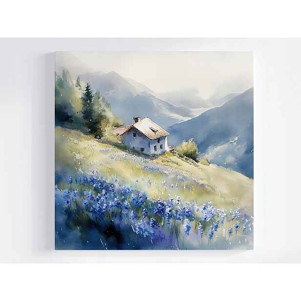 Obraz Na Plátně Canvas Krajina Hory Domek Terasa Pohled Louka Květiny 50x50
