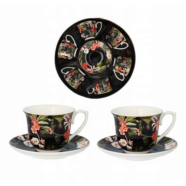 Sada 6x šálek 250 ml porcelánových Livello s podšálkem 14 cm, květinový vzor