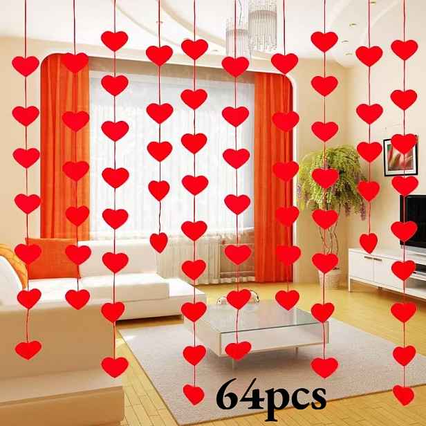 TEMU 64 ks Červené Srdíčkové Filtrové Girlandy - DIY Tvoření - Valentýnská Červená Srdíčková Závěsná Girlanda - Valentýnská Dekorace - Valentýnský