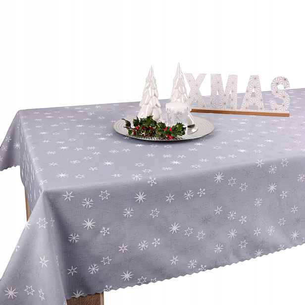 Vánoční ubrus 320x140 šedý Štědrý den BN23 Sněhové Vločky Hvězdičky