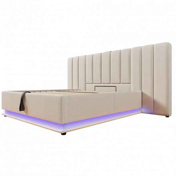 Modfu ČALOUNĚNÁ postel ze lnu 160x200 cm béžová s LED osvětlením, USB-C a hydraulickým úložným prostorem