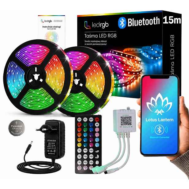 Set Led pásek 15M 2x7,5m Rgb 5050 Bluetooth Dálkový Ovladač Aplikace Hudba Časovač