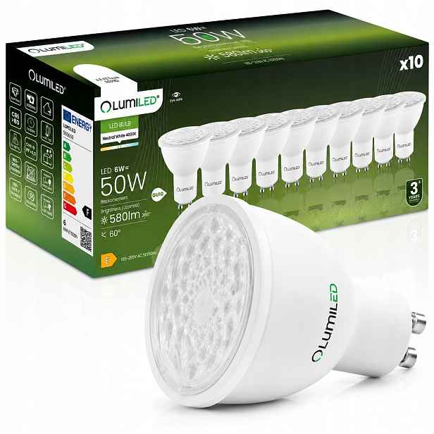 10x Led žárovka GU10 6W 50W 580lm 4000K Neutrální Nastavitelná 24° 36° 60°