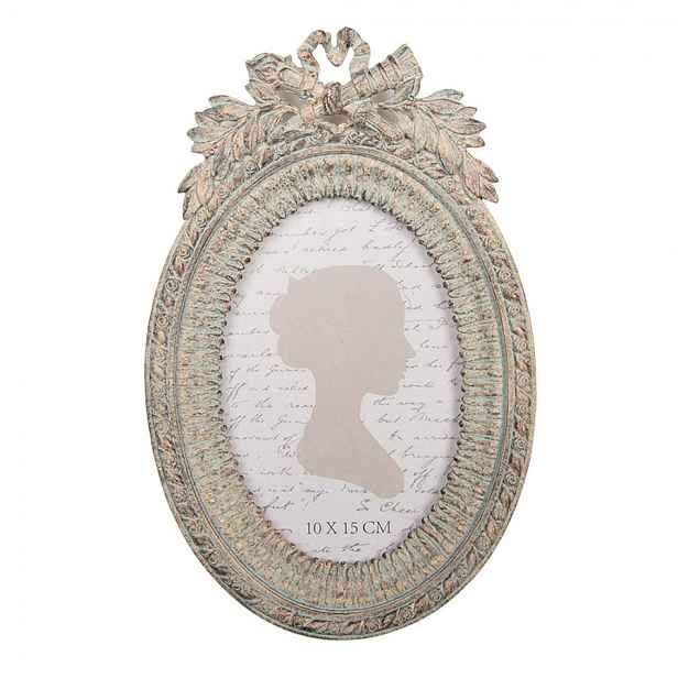 Béžový oválný fotorámeček s listy a zlatou patinou - 15*3*23 cm / 10*15 cm Clayre & Eef
