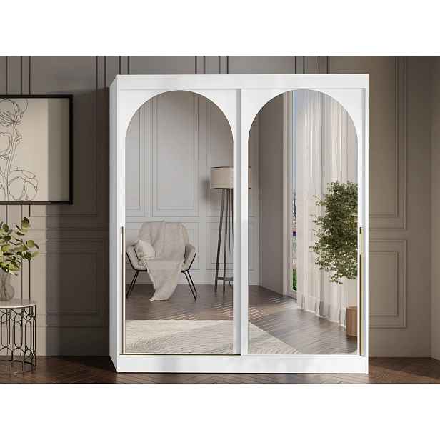 Šatní skříň se zrcadlem 180 cm IVAFE - bílá / zlatá