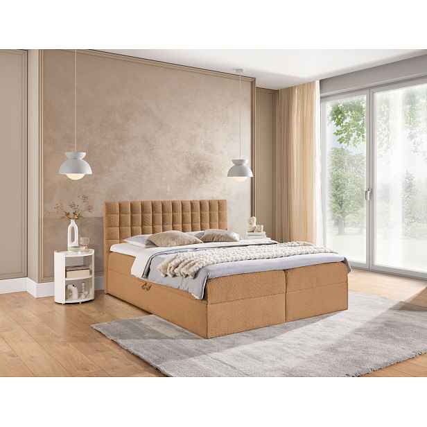 Manželská boxspringová postel 200x200 SALOMA - světle hnědá + topper