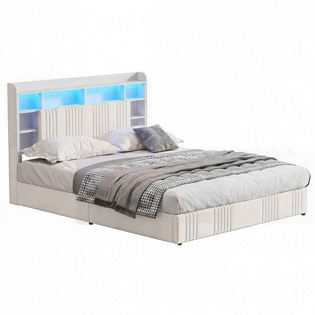 ČALOUNĚNÁ postel 160x200 cm béžová s LED osvětlením, bed boxem a nabíjecí stanicí USB-C