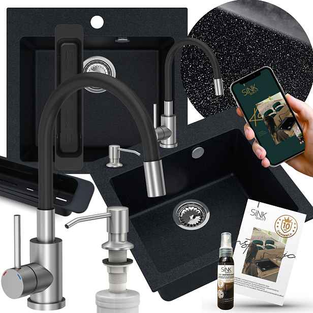 Set Granitový Dřez Jednokormový Černý Metalický S Baterií Dávkovač