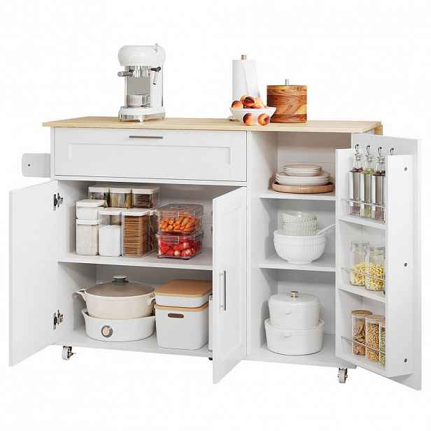 Redom KUCHYŇSKÝ ostrůvek 132,5/44(70)/90 cm s klopnou pracovní deskou, úložným prostorem a kolečky, MDF, Bílá + přírodní