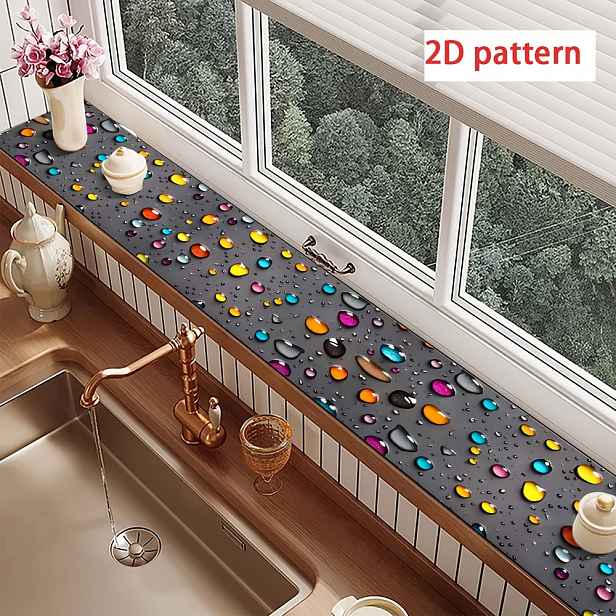 TEMU 1ks Diatomitová Sušicí Podložka, Dekorativní Ochranná Podložka na Úzký Parapet, 2D Plochý Barevný Design Kapky Vody, Protiskluzová, Snadno