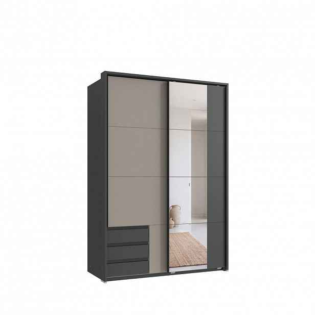 luma-home SKŘÍŇ S VZDUŠNÝMI DVEŘMI, 2dveřová, 138 × 65 × 200 cm (Š×H×V), grafitová, pískově šedé dveře, pasparta, zrcadlo / 22687