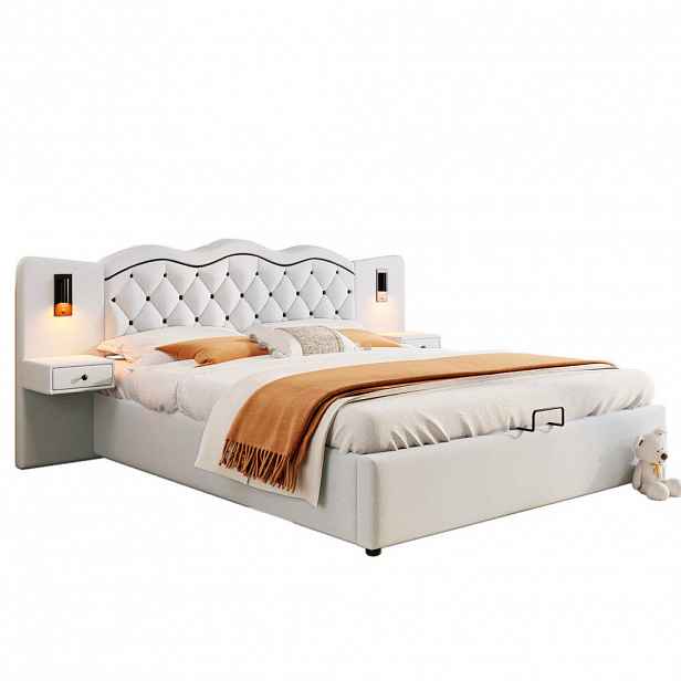 Modfu ČALOUNĚNÁ postel z lněné tkaniny 180x200 cm béžová s LED osvětlením, USB porty a hydraulickým úložným prostorem