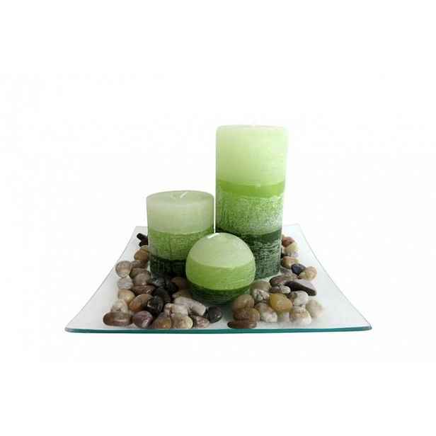 TORO Dárkový set 3 svíčky s vůní zelený čaj, na skleněném podnosu s kameny