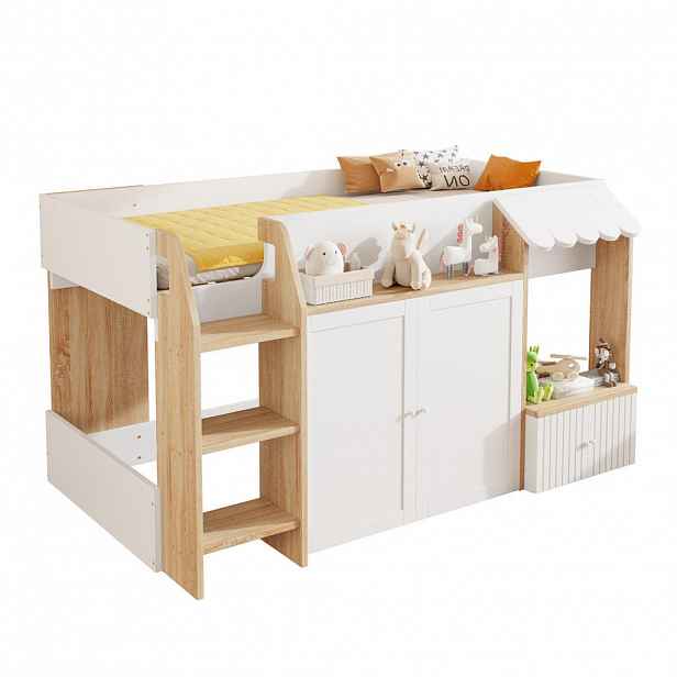 Modfu DĚTSKÁ patrová postel z borovice, překližky a MDF 90x200 cm bílá/přírodní s úložným prostorem, širokým žebříkem a domečkovým rámem