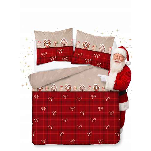 Povlečení Vánoční Saténové 220x200 Domečky Vánoční Mřížka Červená